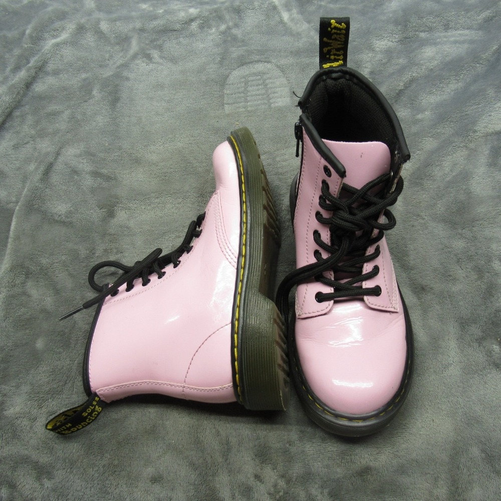 Dr Martens Girls 2 Combat Boots Pink Patent Leather Lace Up Zip Chunky 1460J
